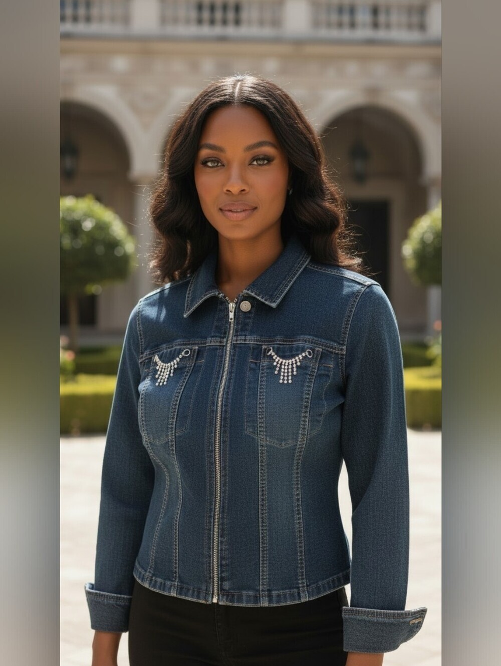 A.M.I. Blue Denim Jean Jacket with Rhinestone Pocket Detail Size L